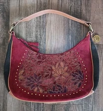 The Sak Pink Label Purse Hobo Bag Burgundy Suede Leather Floral Tapestry NEW