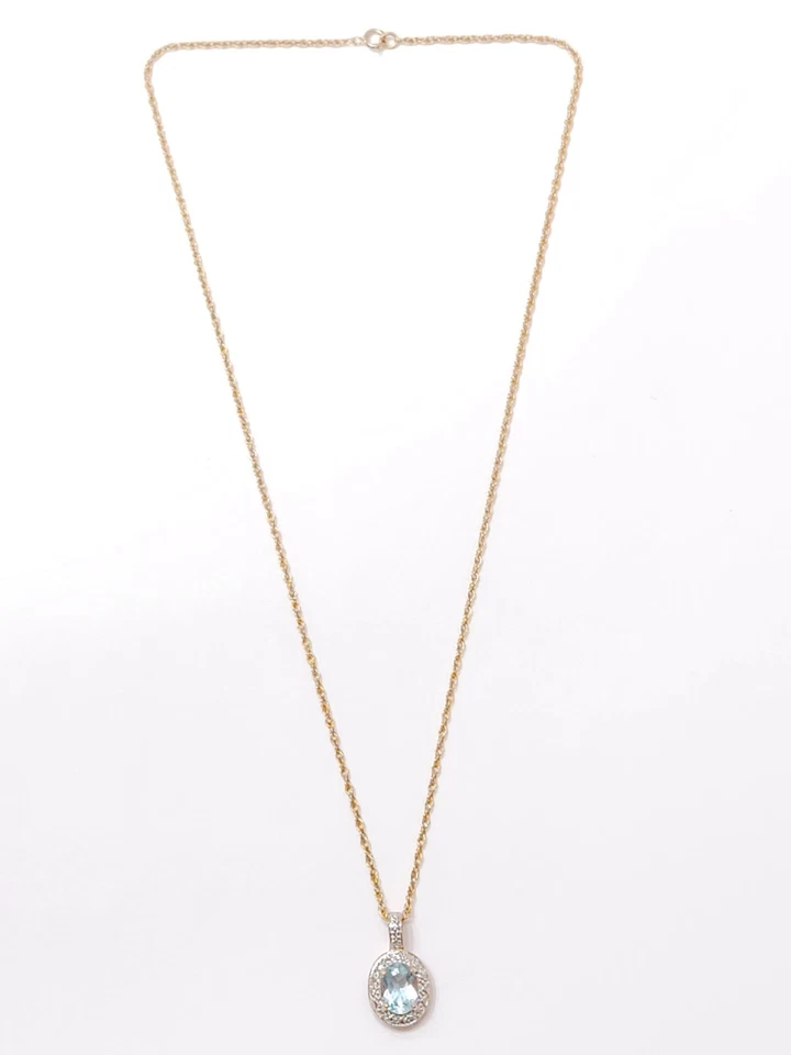 Collar de cadena de cable trenzado colgante de piedras preciosas de diamantes aguamarina azul oro 10K Foto 4 de 4