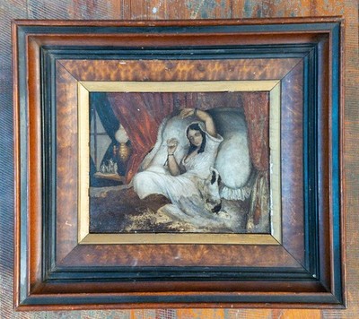 Antique French or Continental Genre Scene Oil Painting on Tin of Lady in Bed