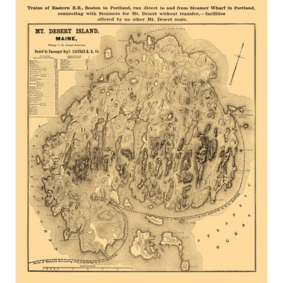 Historic County Map- Mount Desert Island Maine - Eastern Railroad Co 1890 -