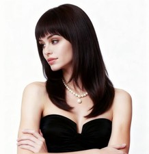 Rugelyss Dark Brown Long Wavy Wig w/ Bangs, Chocolate Layered Synthetic Hair