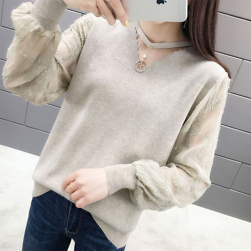 Lady Lantern Sleeve Knit Shirt Solid Keyhole Neck Blouse Tops with Pendant Warm