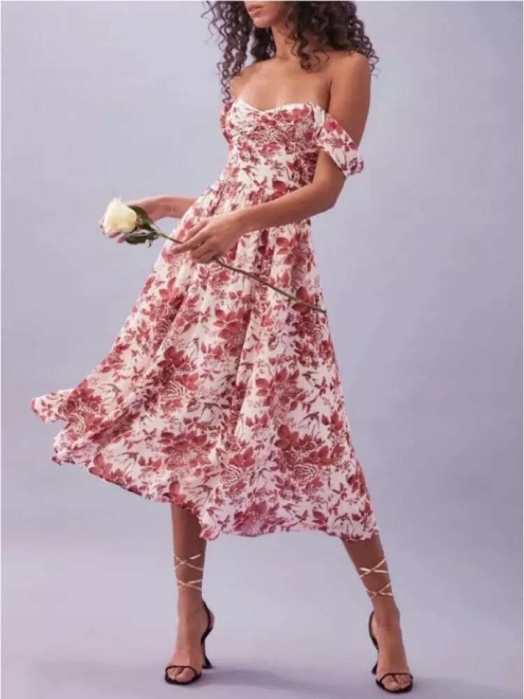 Vestido de Mujer Maxi Largo a Media Pierna Rosa Flores Cuello A Barco 30101RD