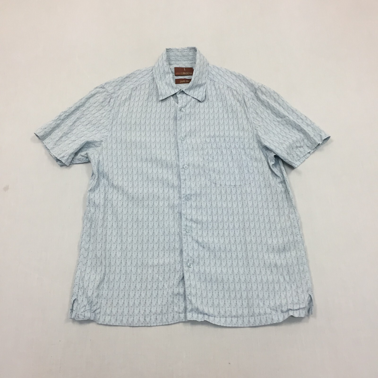 M&S 100% Pure Silk Shirt Mens Medium Button Up Short Sleeve Blue Pattern (M)