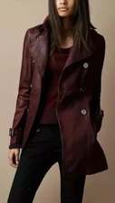 Women's Wine Color Genuine Soft Lambskin Leather Long Trench Coat Jacket