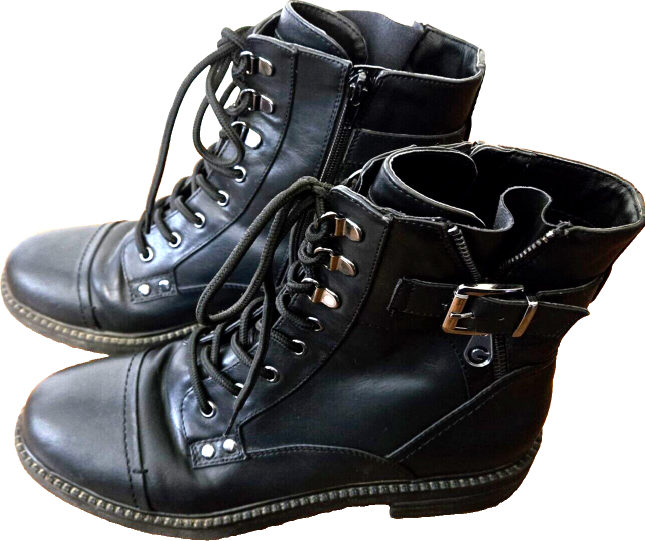 Y2K GBG Guess Womens Black Combat Boots Size 8.5 Mid Calf with Lace Up Zip Side Buckle Moto Style-image