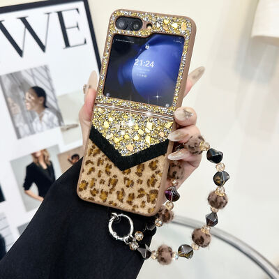 Glitter Case For Samsung Galaxy Z Flip 6/5/4/3 Hinge Rugged Cover w/ Chain Strap