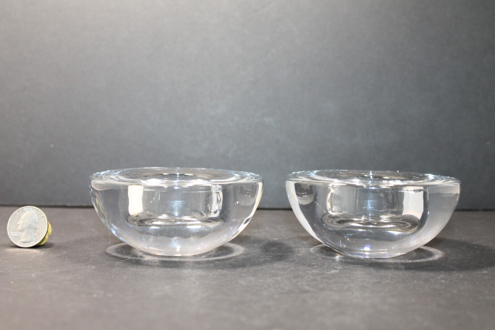 Vintage Minimalist Block Crystal Clear Glass 4 in Round Candle Holder Set of 2