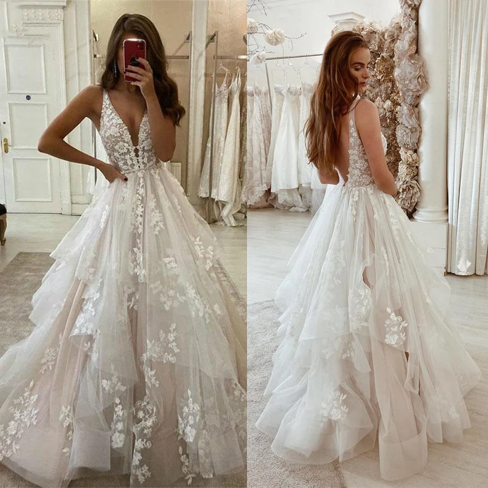 Vestidos de novia boho cuello en V espalda sin volantes apliques de encaje playa vestidos de novia Foto 2 de 4