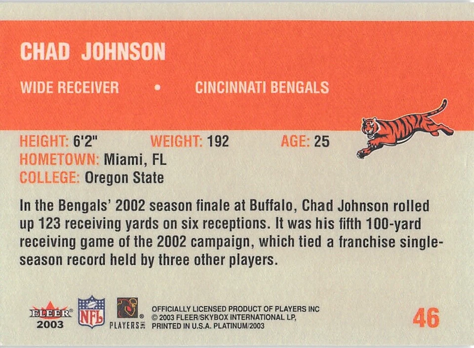 2003 Fleer Platinum #46 Chad Johnson - Image 2 of 2