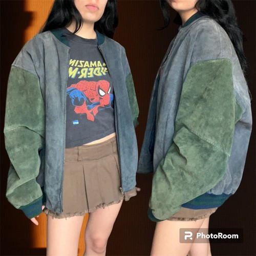 🕶️🛹 Vintage 90s green and blue suede patchwork bomber jacket Size Medium - Picture 2 of 9