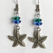 Starfish Earrings Silver Plated Sea Life Island Beach Blue Green Sea Glass Bead
