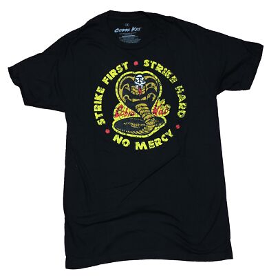 Cobra Kai Adult New T-Shirt - Strike First Strike Hard No Mercy Distressed Logo