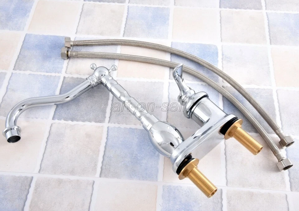 Polished Chrome Bathroom Vanity Sink Faucet 4" Centerset 2 Hole Basin Mixer Tap - Image 4 of 4