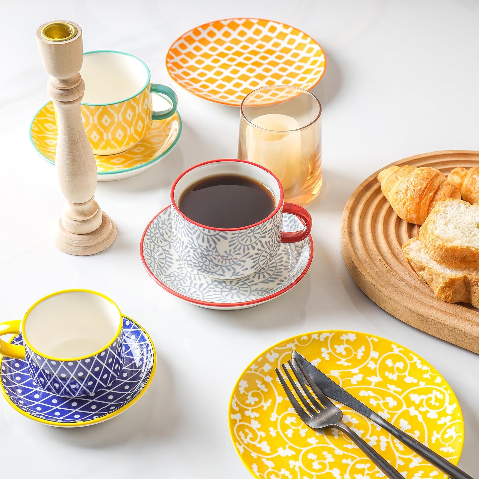 Ceramic Cappuccino Cups With Saucers And Metal Stand 8 Oz Stackable Espresso Cof