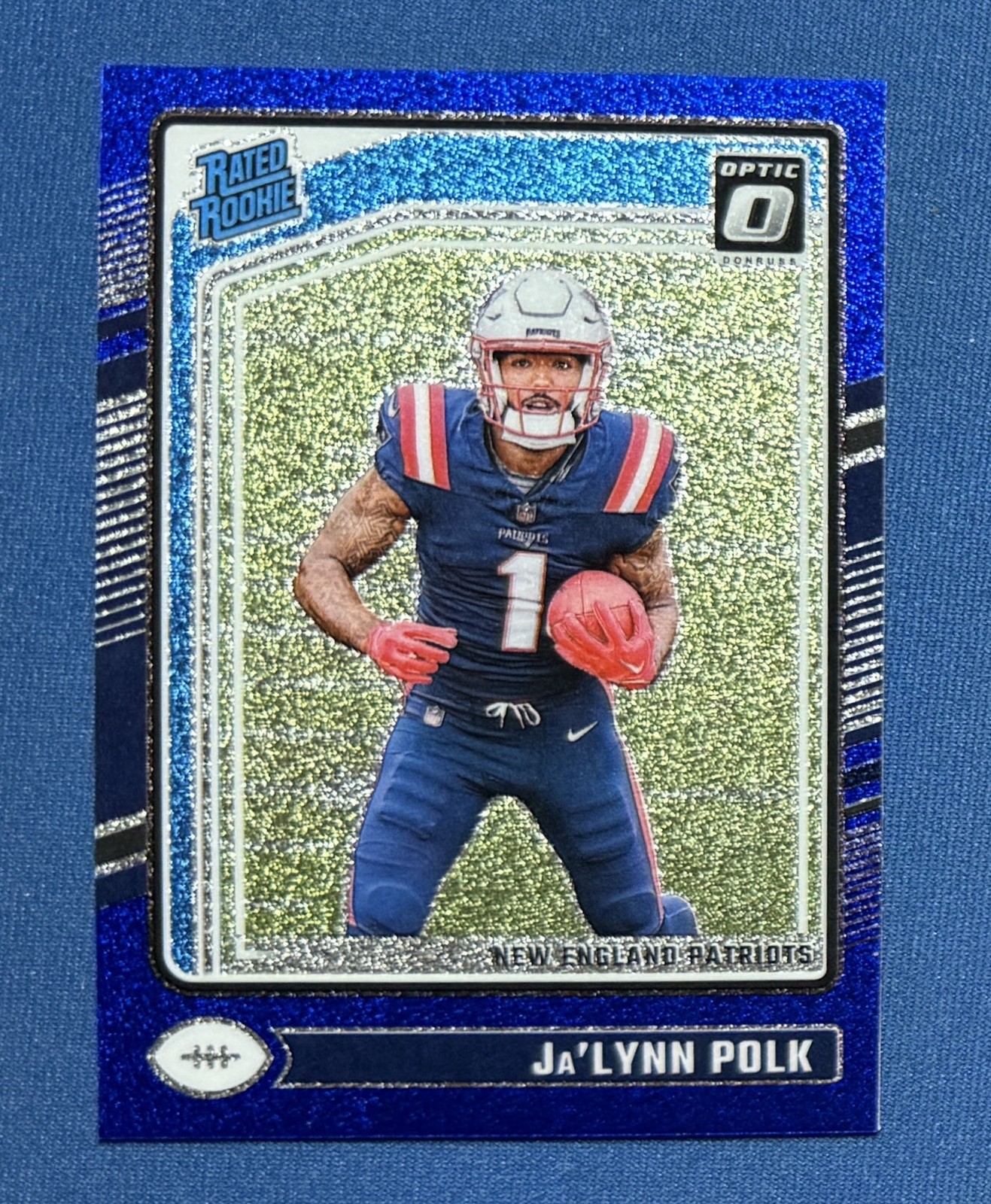 2024 Panini Optic Ja'lynn Polk Blue Glitter Prizm RC Patriots #240