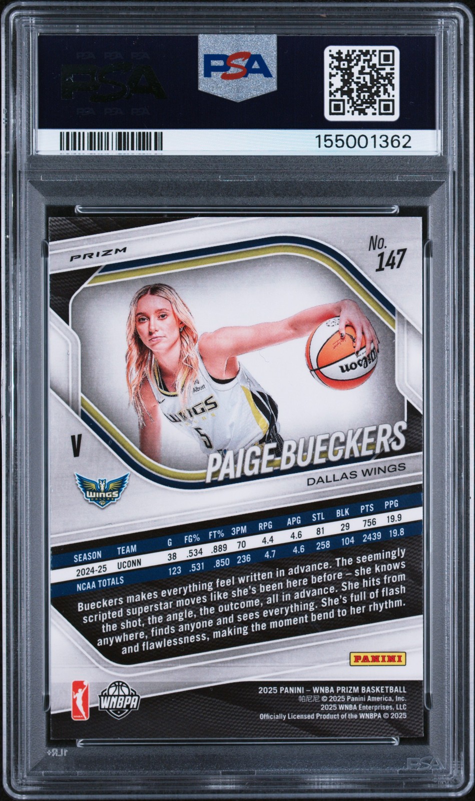 2025 PANINI PRIZM WNBA WNBA LOGO PRIZM #147 PAIGE BUECKERS ROOKIE RC PSA 9 view 2