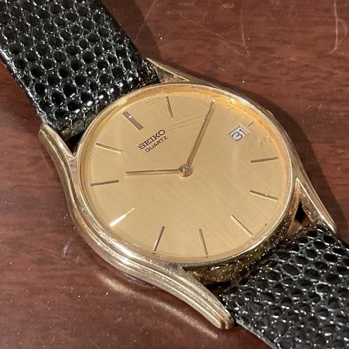 VTG Seiko Watch Men 32mm Gold Dial Gold Tone Date Round 7439-7000 New Battery