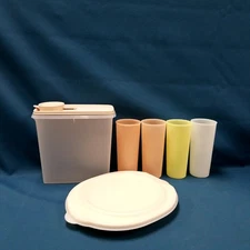 Vtg Tupperware Lot Cereal/Juice Container 4 Tumblers USA & France Covered Plate