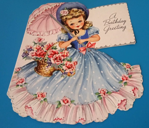 Vintage Southern Belle Greeting Birthday Card Hoop Skirt Used 1940's Girl