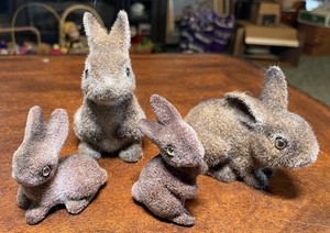 Vintage Flocked Bunnies Rabbits Animals Family Brown Countryside Japan Set of 4
