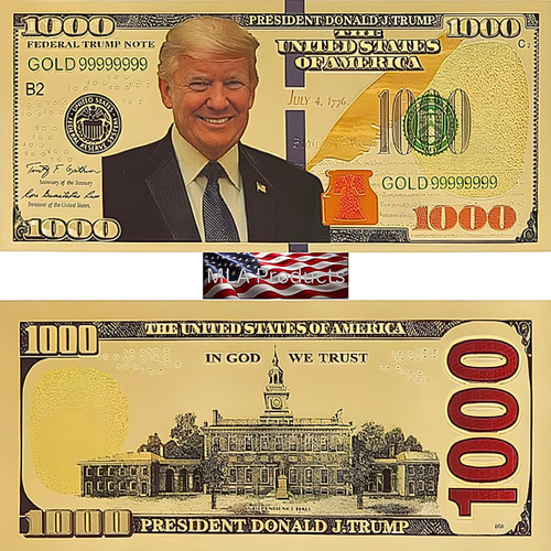 24K Gold Foil Donald Trump $1000 Dollar w/ Sleeve POTUS Republican Collectible