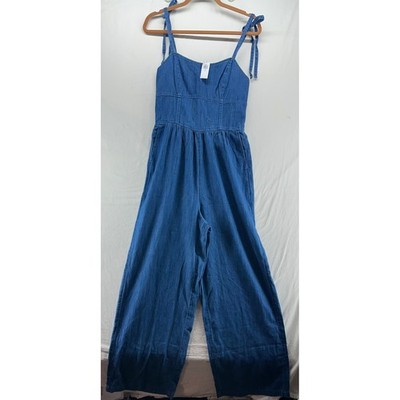 Old Navy Womens Medium Tall Denim Tie Strap Wide Leg Jumpsuit Blue Medium Wash