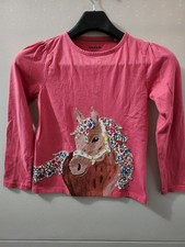 Mini Boden Top Girls 9/10 Pink Long Sleeve Crew Embroider Horse Applique Cotton
