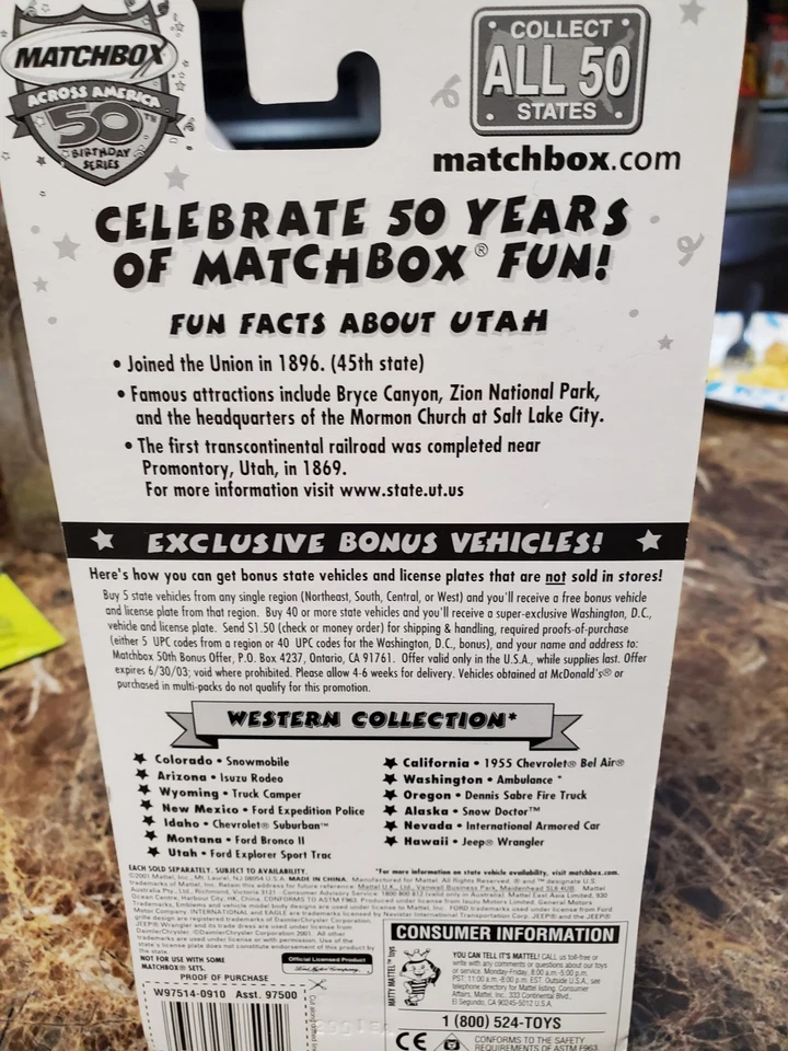 2001 Matchbox 50Th Birthday Featuring UTAH FORD EXPLORER SPORT TRAC - #UT-045 - Image 3 of 4