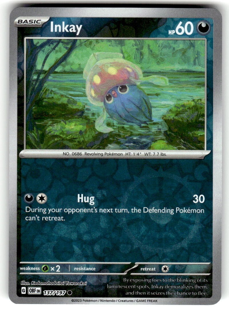 Inkay 137/197 Common Obsidian Flames Pokemon Reverse Holo Near Mint