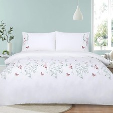 Floral Duvet Cover Set Embroidered Pink White Queen Cotton Flower Spring Girl...
