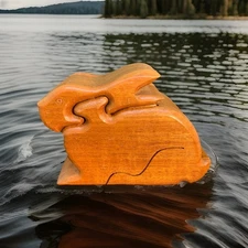 Vtg Wood Bunny Puzzle Keepsake Jewelry Box Red Velvet Interior Hand Carved