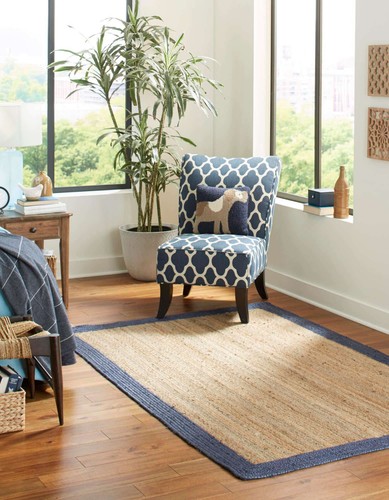 RUG Natural Jute in Square Hand Woven Area Rug Door Mat Rustic Look, Beige Blue - Picture 3 of 8