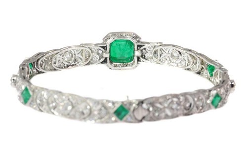 Fantastic Art Deco Design Vivid Green Emerald With Old Mine Cut CZ Fine Bracelet - Picture 5 of 9
