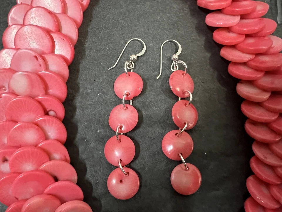 Juego de collar y pendientes de disco de coral rosa de plata esterlina 925 Jay King Mine Finds Foto 3 de 4