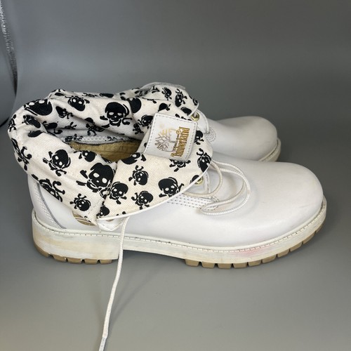 Timberland Ladies' Boots White With Skull & Crossbones Cuff Size 7 Lace Up - Picture 4 of 13
