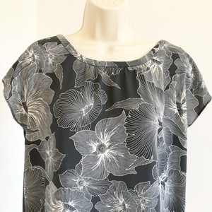 Loft-Womens-Blouse-XS-Gray-Floral-Short-Sleeve-Pullover-Open-Contrast-Back
