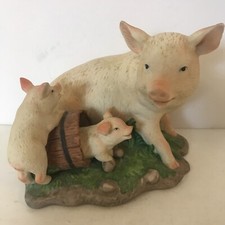 Vintage 84 Enesco Family of Pigs Porcelain Figurine Mama Piglets Barrel 4"x5.5"