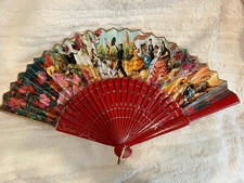 Beautiful Circa 1995 Spain Flamenco Themed Gilded Wood/ Paper Folding Fan, Good