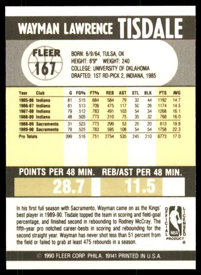 1990-91 Fleer Wayman Tisdale . Sacramento Kings #167 - Image 2 of 2