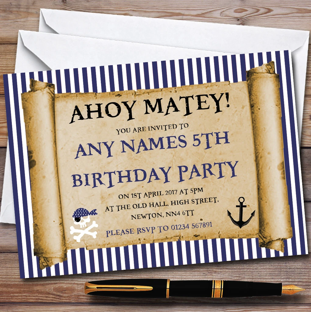 kids pirate party invites that look like scrolls