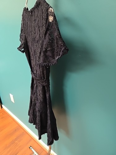 Size XS Short Sleeve V Neck Belted Mini Lace Dress Navy Blue Zip Up In Back - Picture 4 of 11