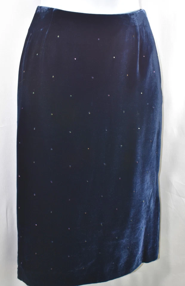 Falda Ralph Lauren East of Eden Terciopelo Cuentas Azul Marino Mezcla Seda Línea A Talla 4 Foto 3 de 4