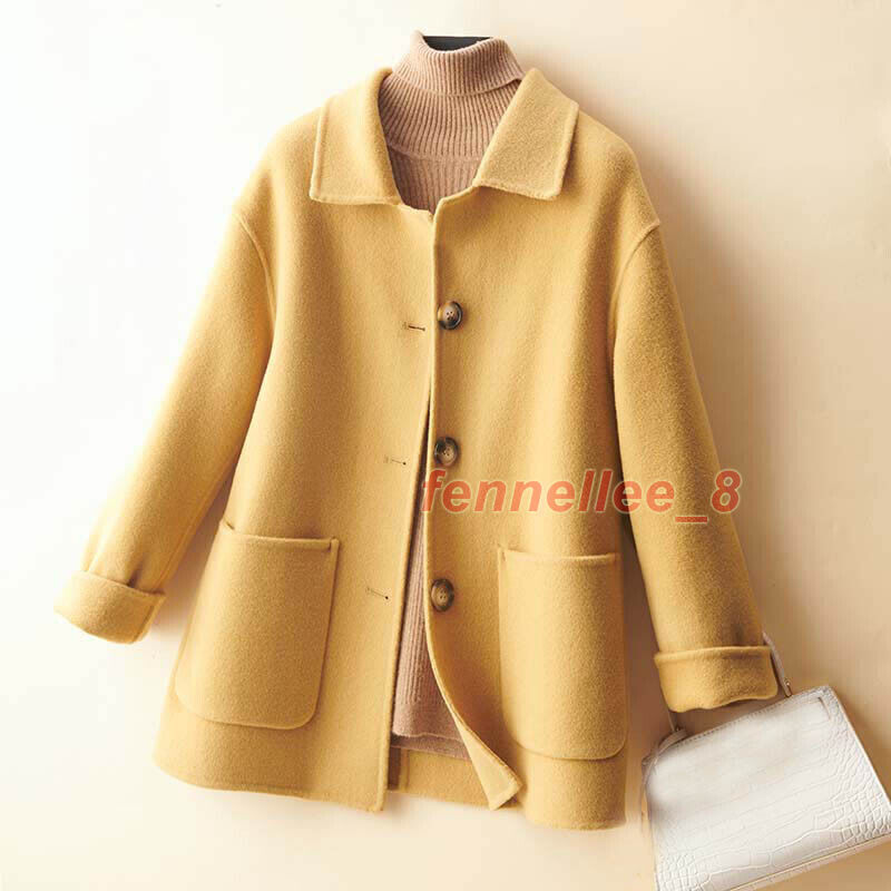 Women's 100% Wool Short Slim Trench Coat Button Casual Lapel