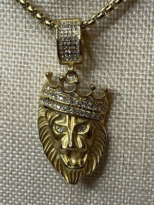 Mardi Gras Box link chain Necklace & King Lion Pendant Gold-Toned CZ Bling Macys