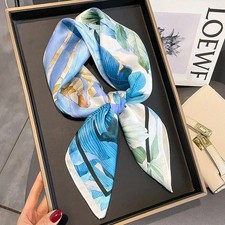 100 Mulberry Silk 27'' Scarf Women Neckerchief Square Bandana Wrap Blue Flower