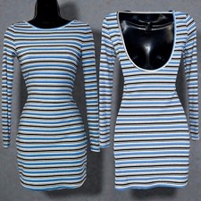 XS Striped Long Sleeve Scoop Back Mini Dress Blue White Black Y2k 90's Backless
