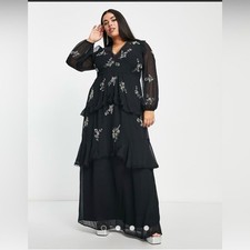 ASOS DESIGN Curve circle trim maxi dress with floral embellishment in black
