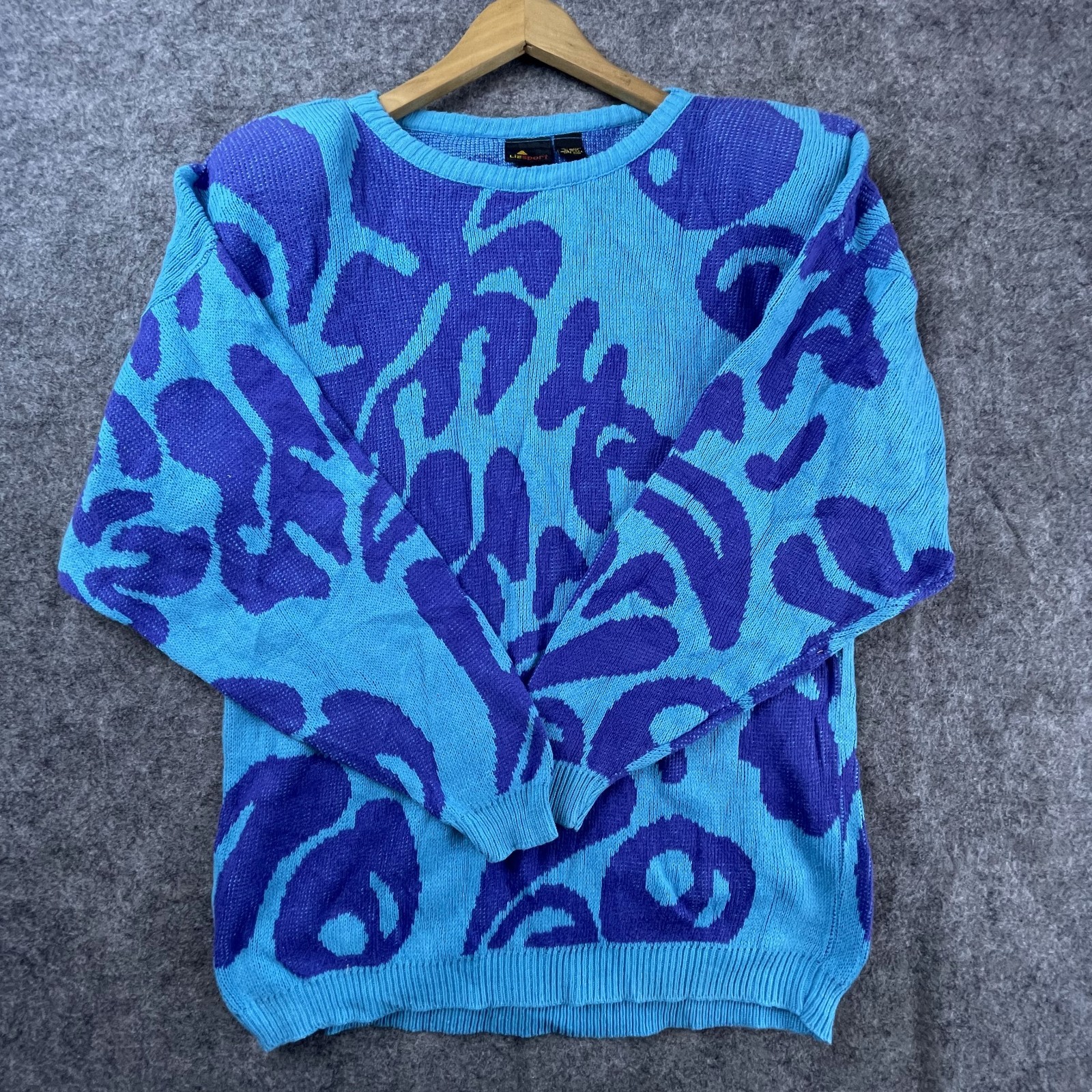Vintage Liz Sport Sweater Womens Large Blue Abstract Statement 80s Artsy