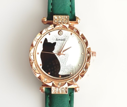 New Cute Cat Watch Bling Quartz Buckle Wristwatch Woman Christmas Gift Green